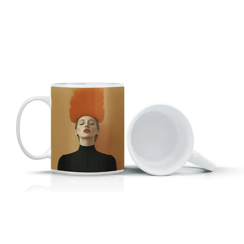 Woman Orange Smoke Cloud Beige Background – Mugs