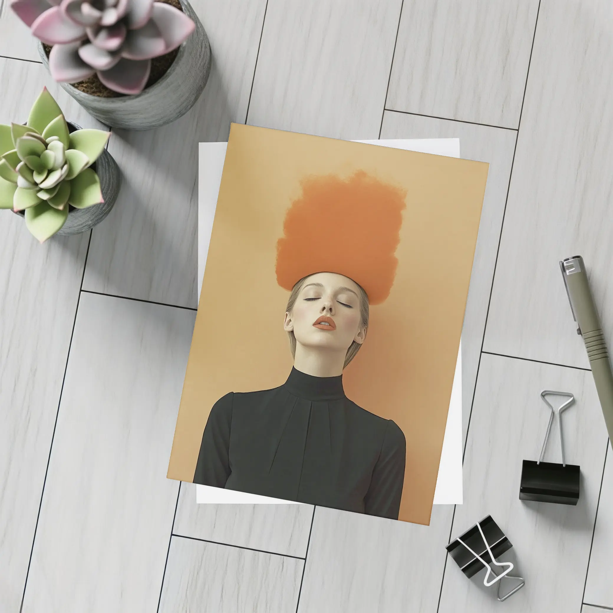 Woman Orange Smoke Cloud Beige Background – Postcards
