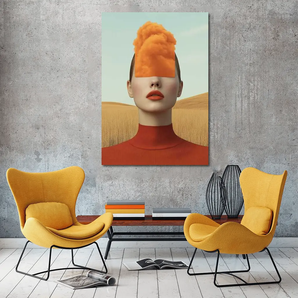 Surreal Woman Orange Cloud Head Desert Fields – Wall Art