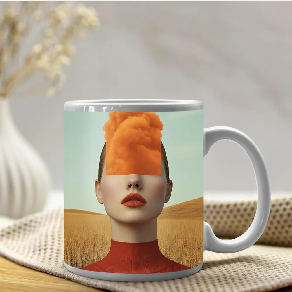 Surreal Woman Orange Cloud Head Desert Fields – Mugs