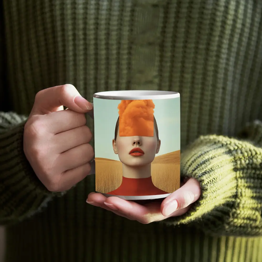 Surreal Woman Orange Cloud Head Desert Fields – Mugs