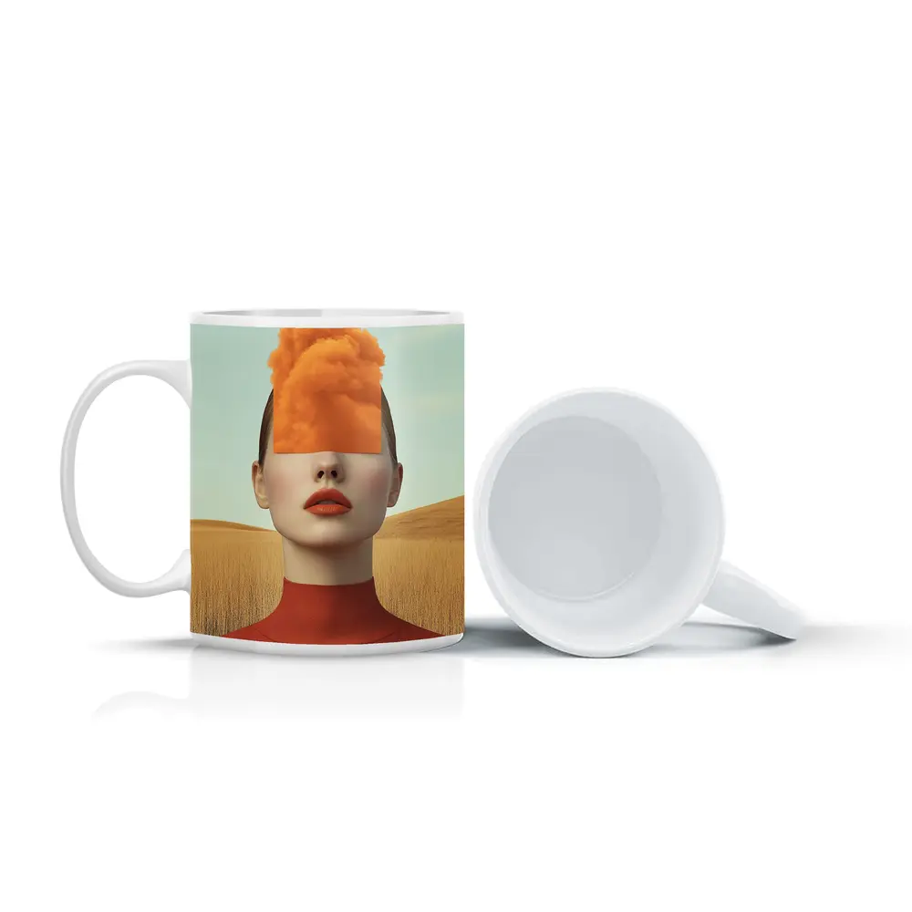 Surreal Woman Orange Cloud Head Desert Fields – Mugs
