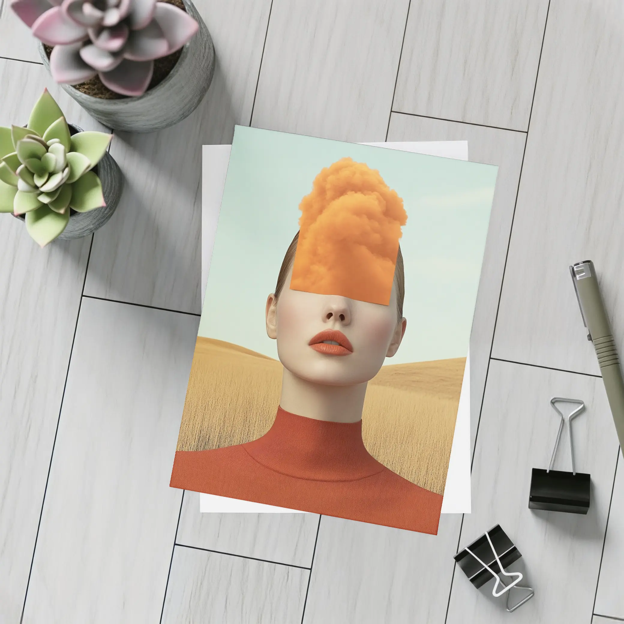 Surreal Woman Orange Cloud Head Desert Fields – Postcards
