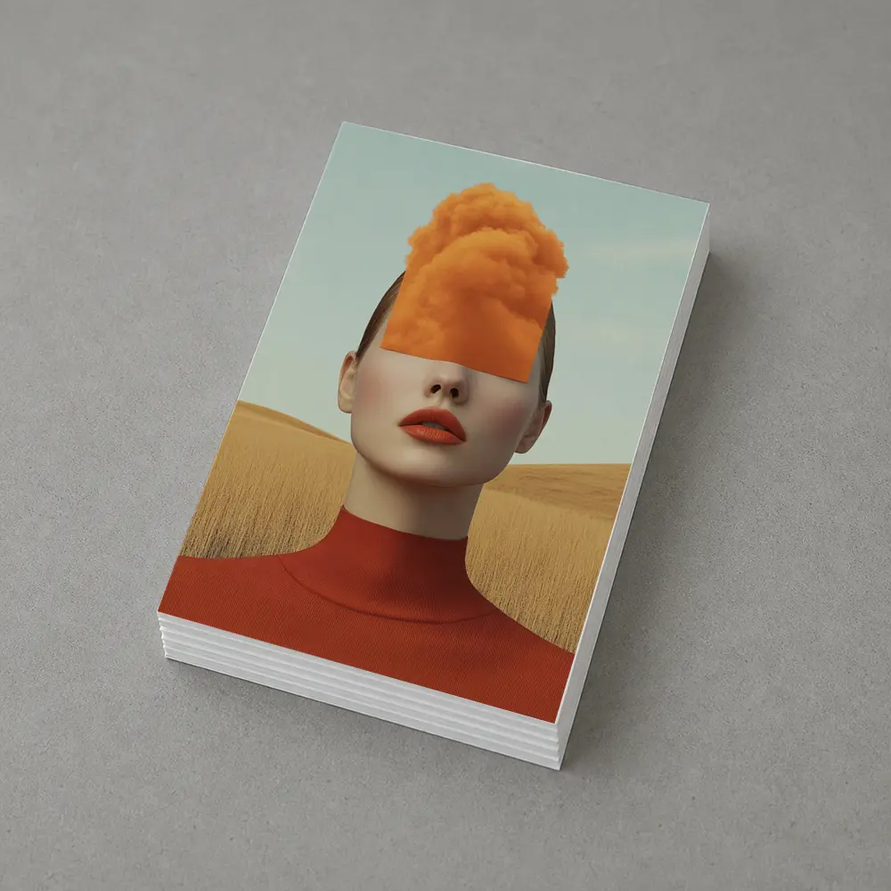 Surreal Woman Orange Cloud Head Desert Fields – Postcards