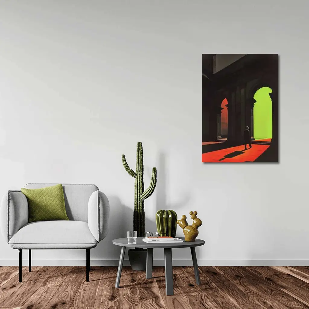 Silhouette Man Walking Through Classical Arched Corridor – Wall Art