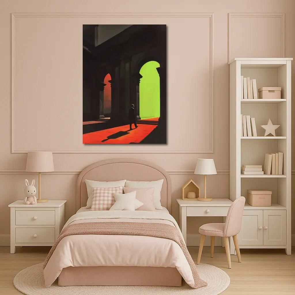 Silhouette Man Walking Through Classical Arched Corridor – Wall Art