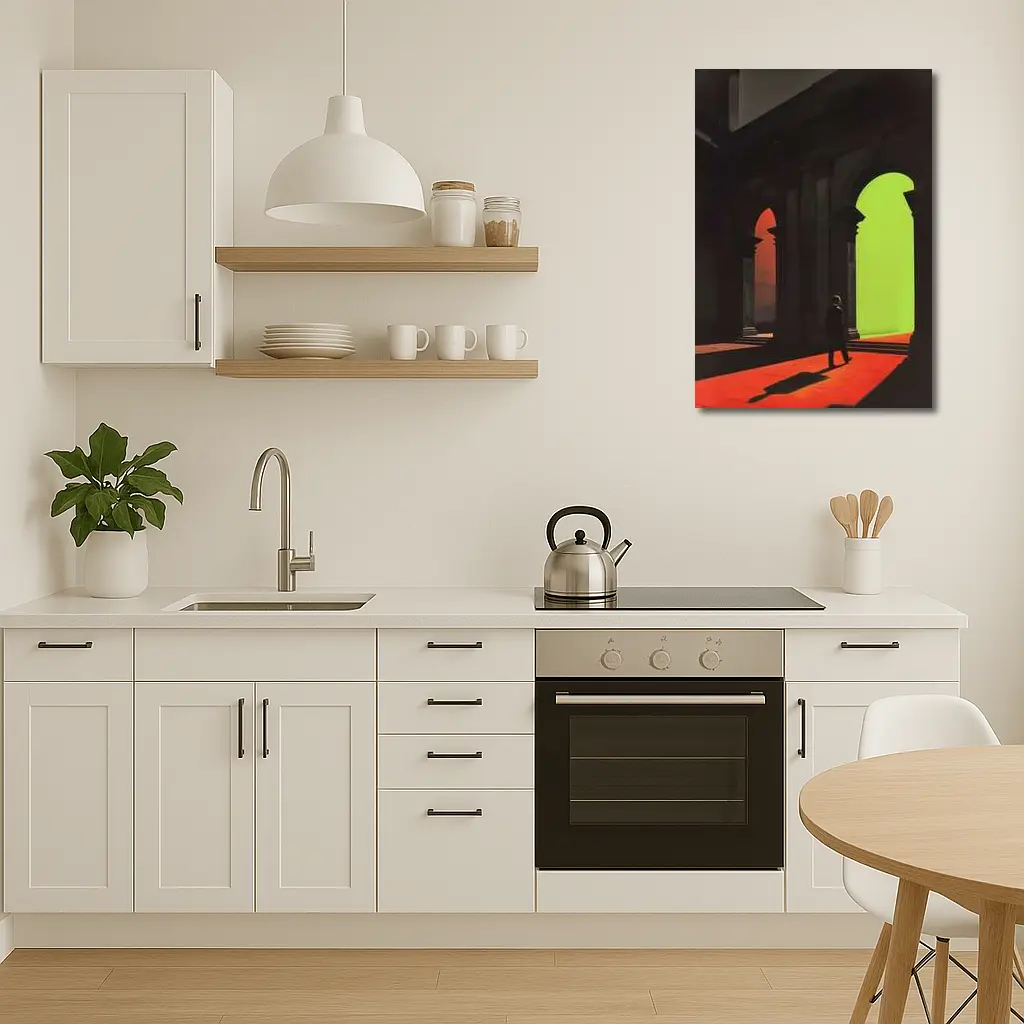 Silhouette Man Walking Through Classical Arched Corridor – Wall Art