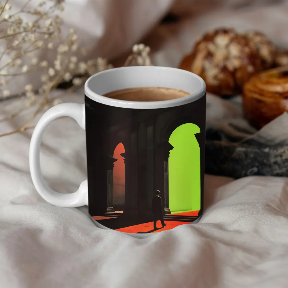 Silhouette Man Walking Through Classical Arched Corridor – Mugs