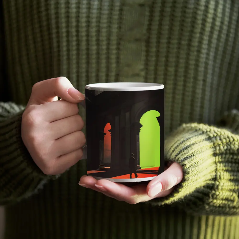 Silhouette Man Walking Through Classical Arched Corridor – Mugs