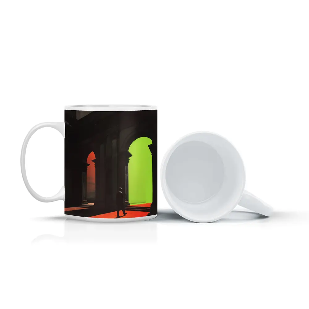 Silhouette Man Walking Through Classical Arched Corridor – Mugs