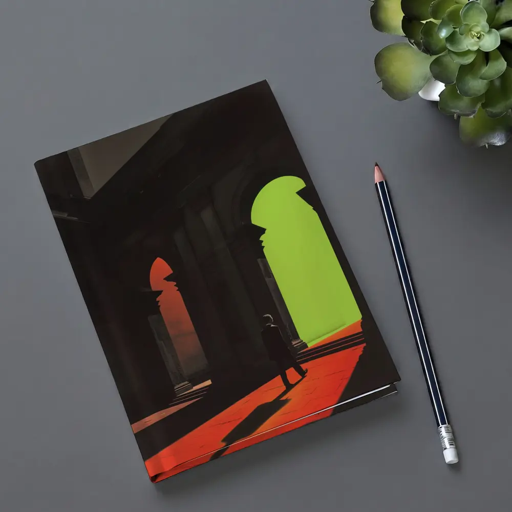 Silhouette Man Walking Through Classical Arched Corridor – Notebooks