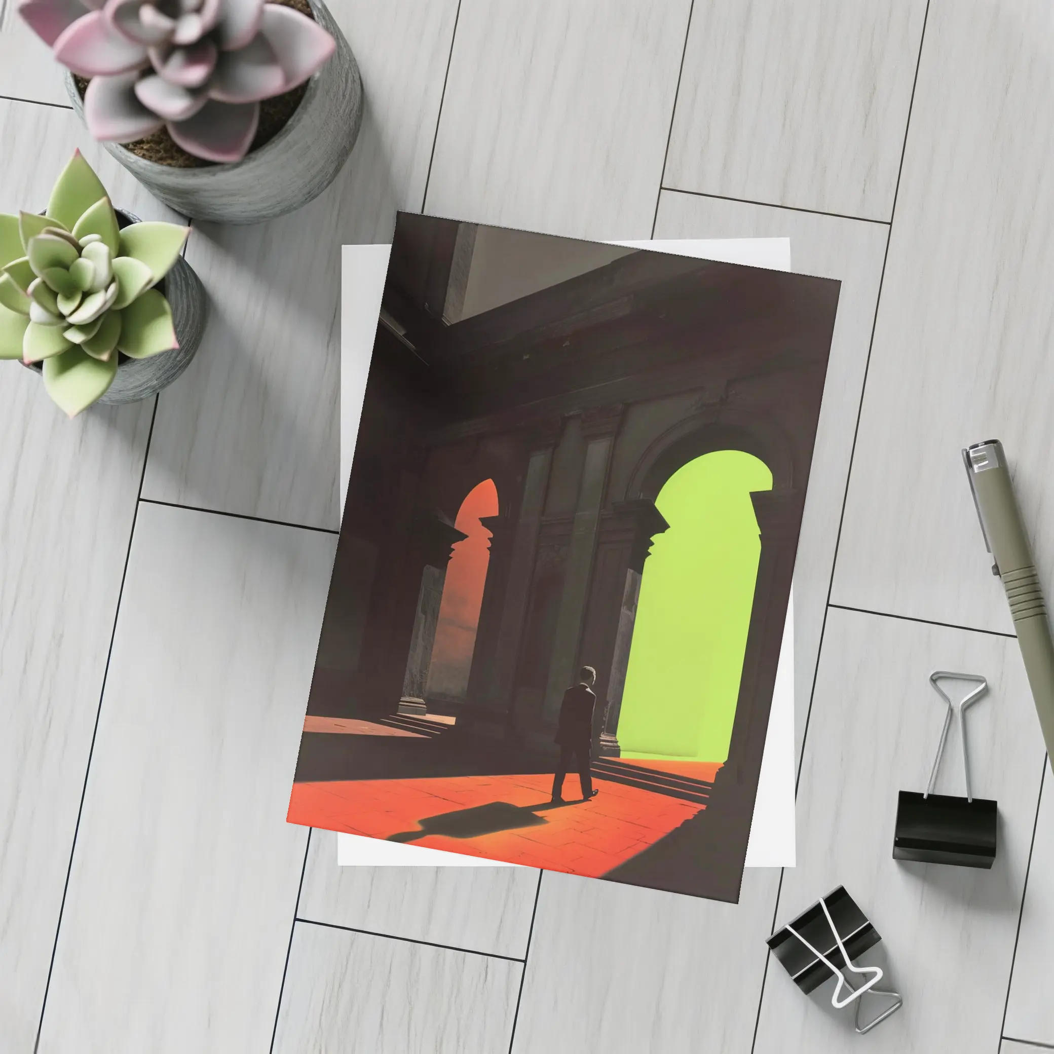 Silhouette Man Walking Through Classical Arched Corridor – Postcards