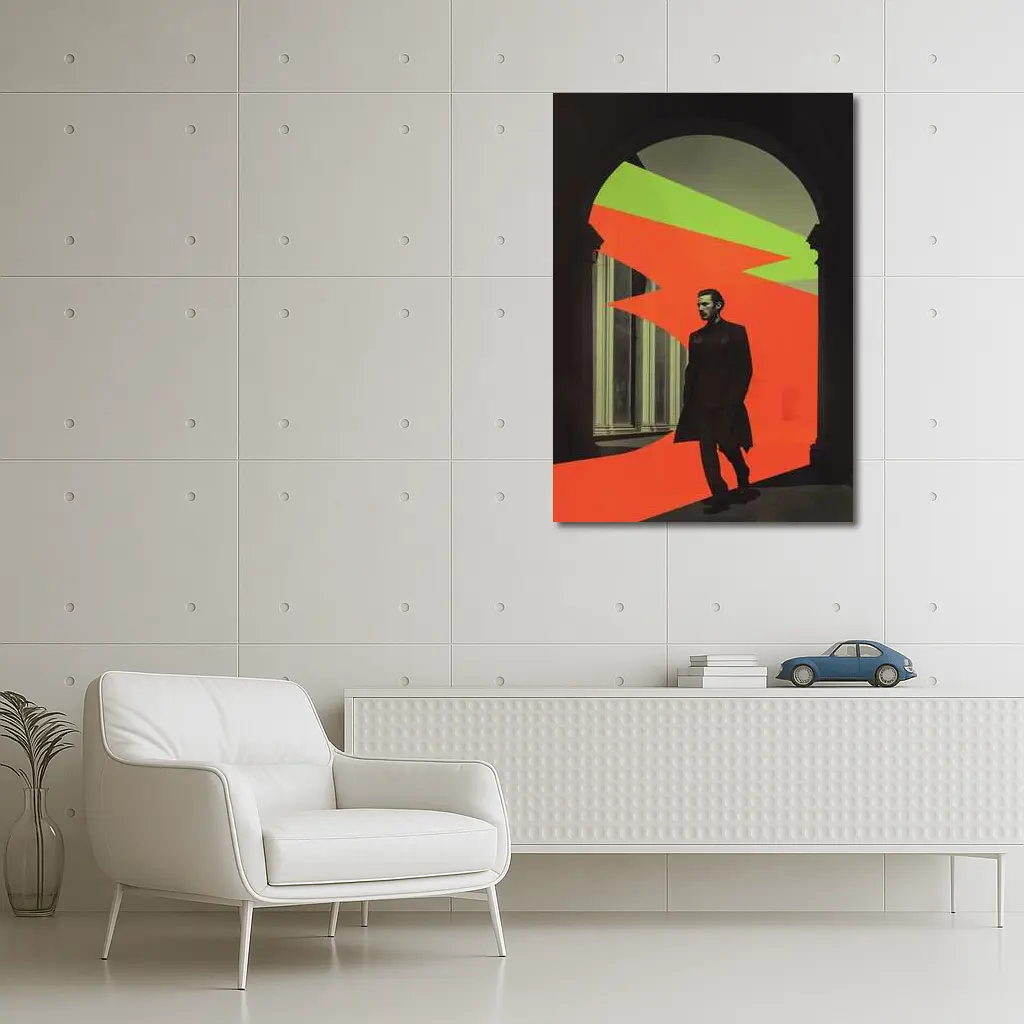 Man in Black Coat Neon Geometric Arch – Wall Art
