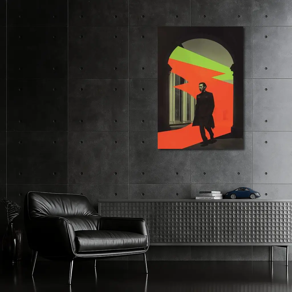 Man in Black Coat Neon Geometric Arch – Wall Art