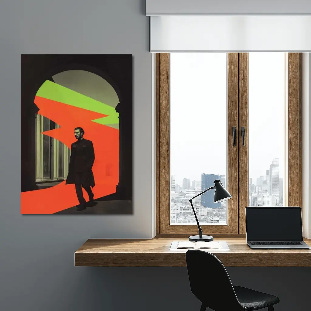 Man in Black Coat Neon Geometric Arch – Wall Art