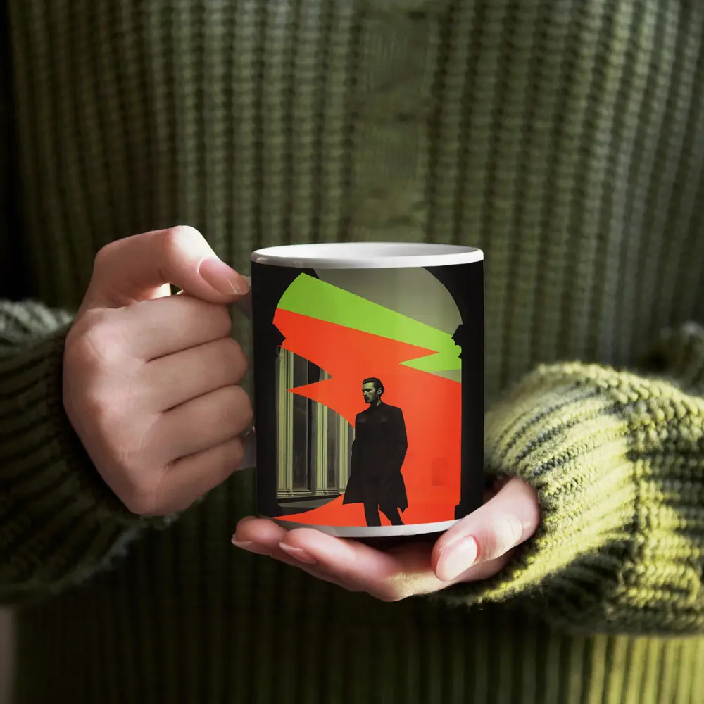 Man in Black Coat Neon Geometric Arch – Mugs