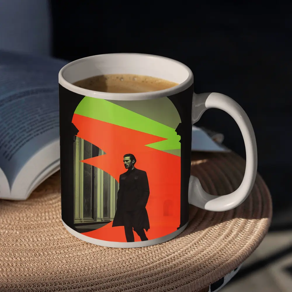 Man in Black Coat Neon Geometric Arch – Mugs