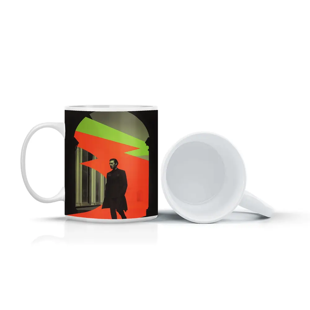 Man in Black Coat Neon Geometric Arch – Mugs