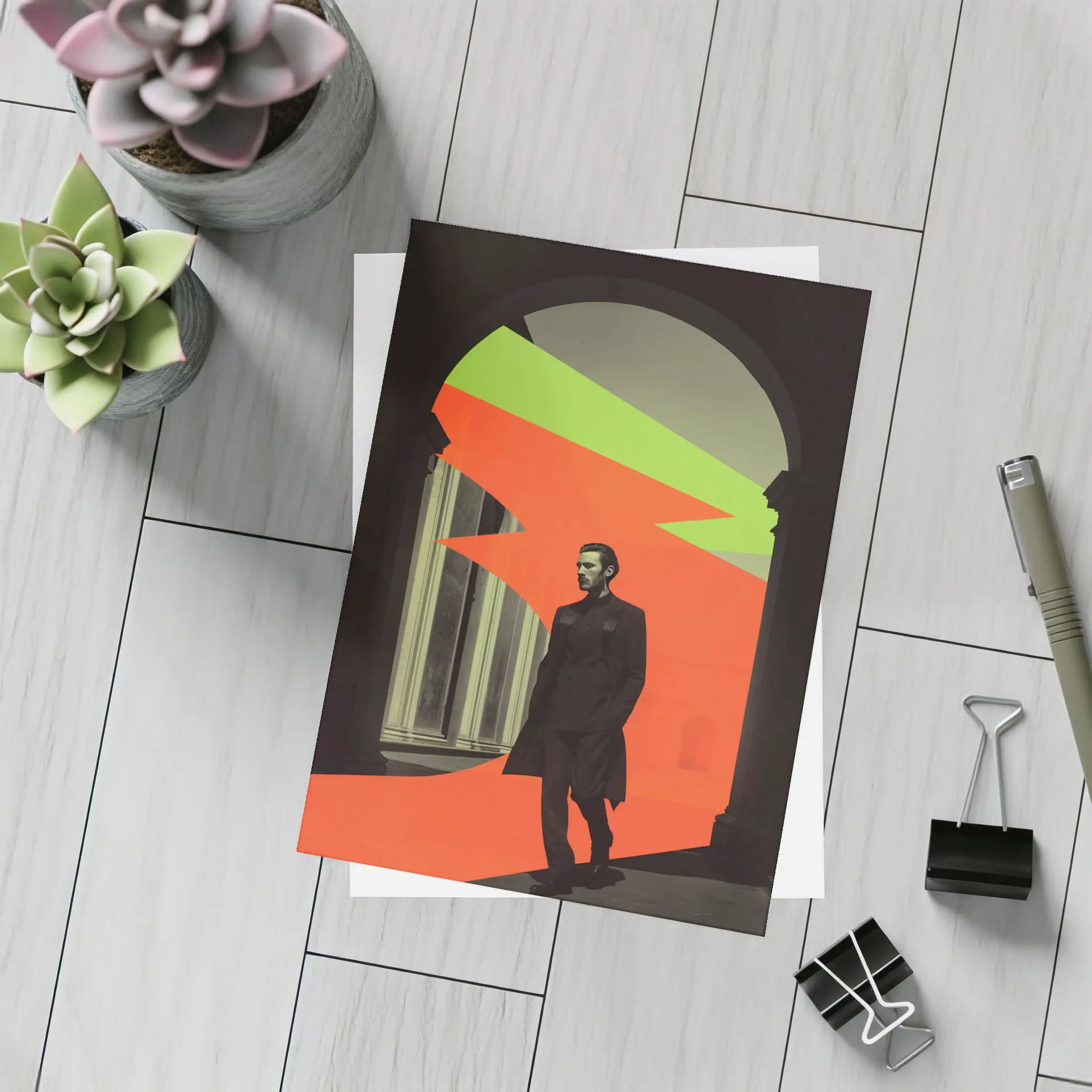 Man in Black Coat Neon Geometric Arch – Postcards