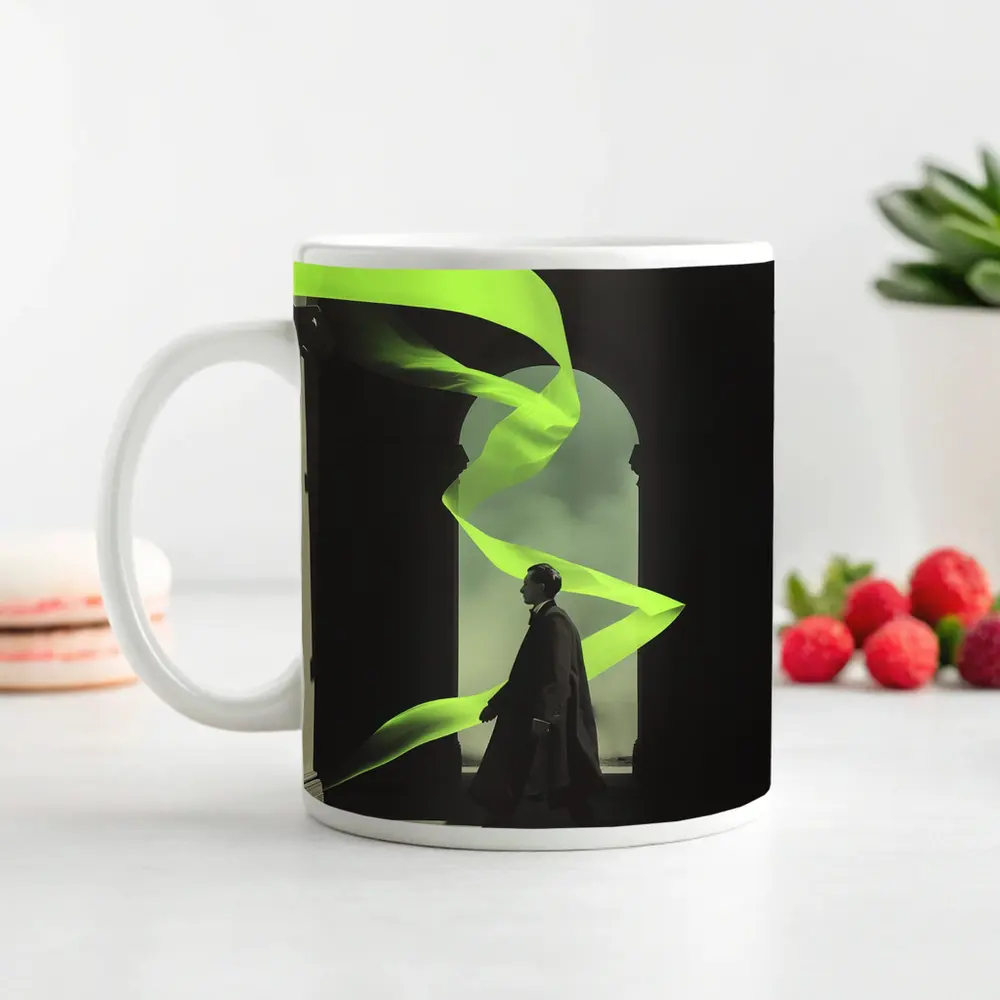 Man in Coat Neon Green Ribbon Archway – Mugs