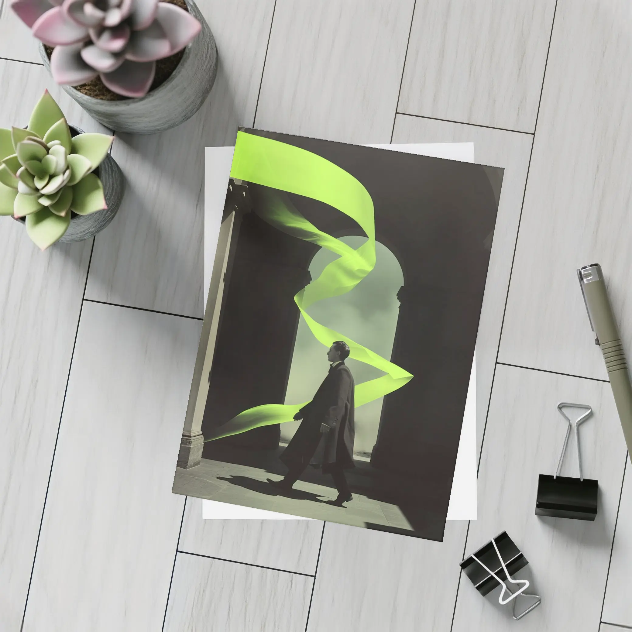 Man in Coat Neon Green Ribbon Archway – Postcards