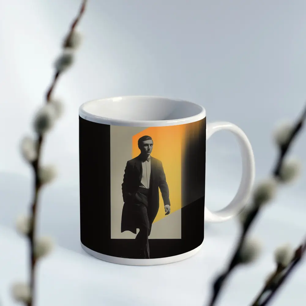 Man in Dark Coat Orange Light Art – Mugs