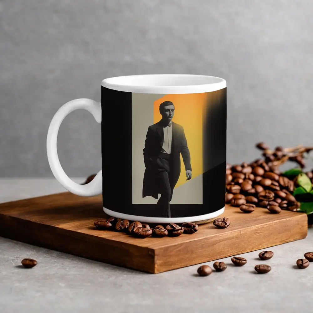 Man in Dark Coat Orange Light Art – Mugs