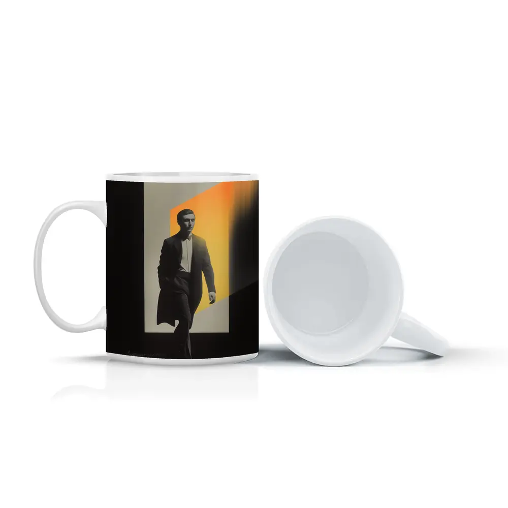 Man in Dark Coat Orange Light Art – Mugs
