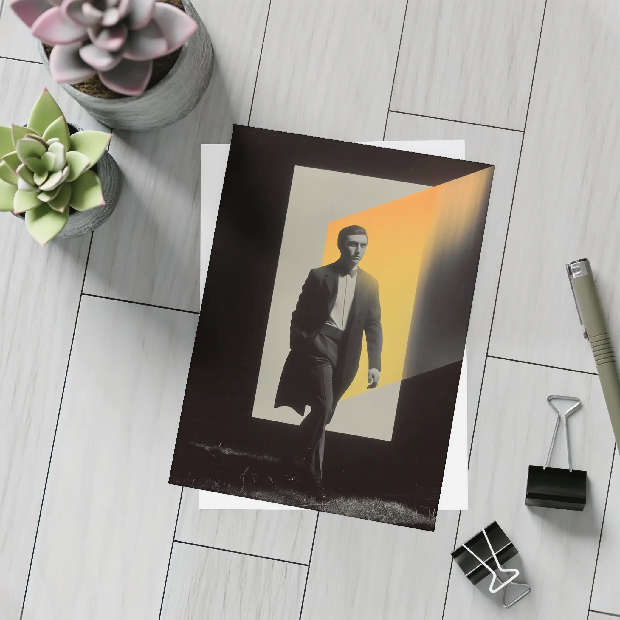 Man in Dark Coat Orange Light Art – Postcards