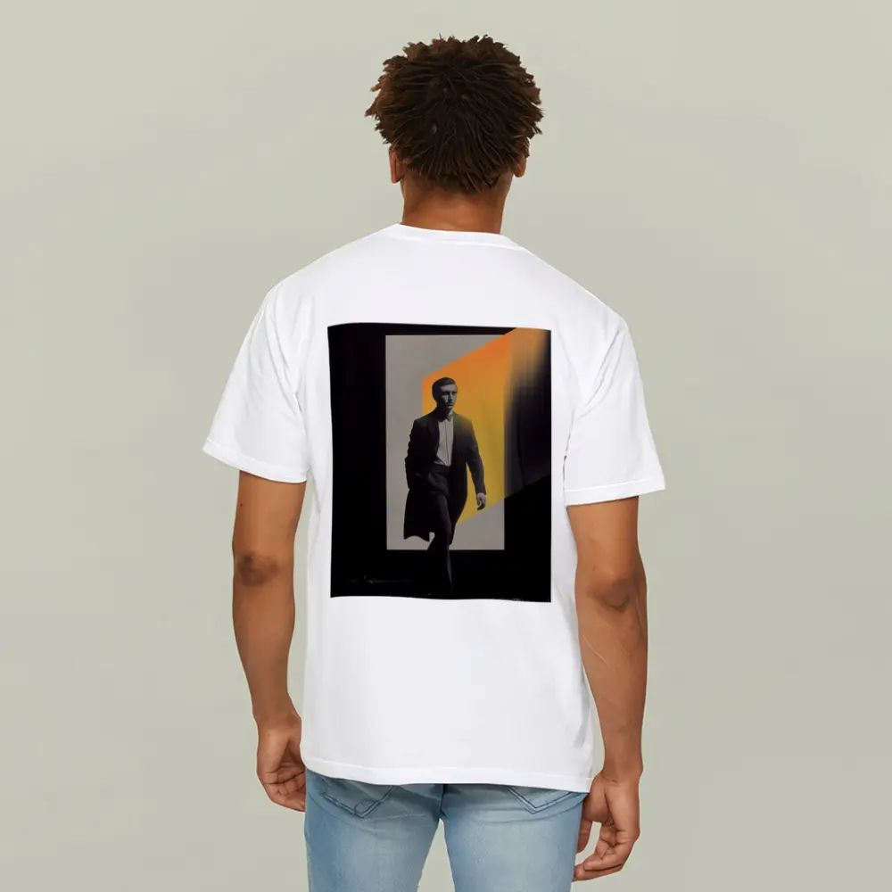Man in Dark Coat Orange Light Art – T-Shirts