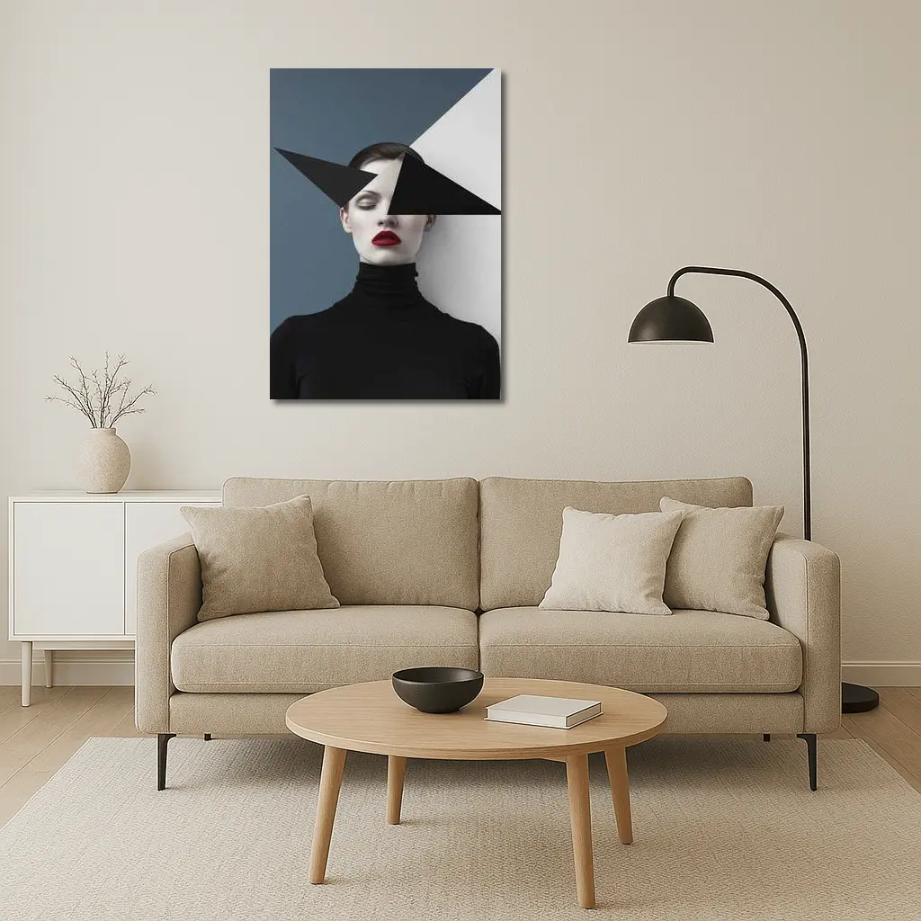 Geometric Black White Fashion Portrait Red Lips – Wall Art