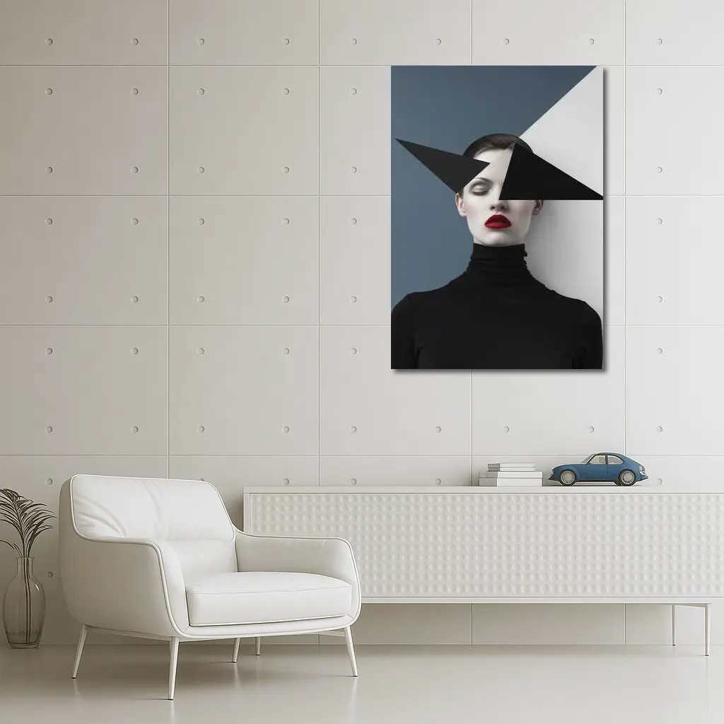 Geometric Black White Fashion Portrait Red Lips – Wall Art