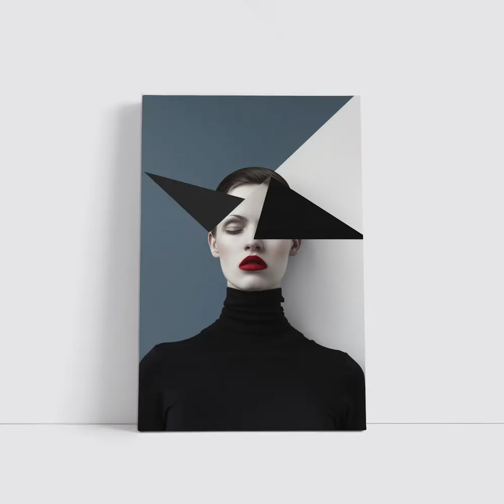 Geometric Black White Fashion Portrait Red Lips – Wall Art