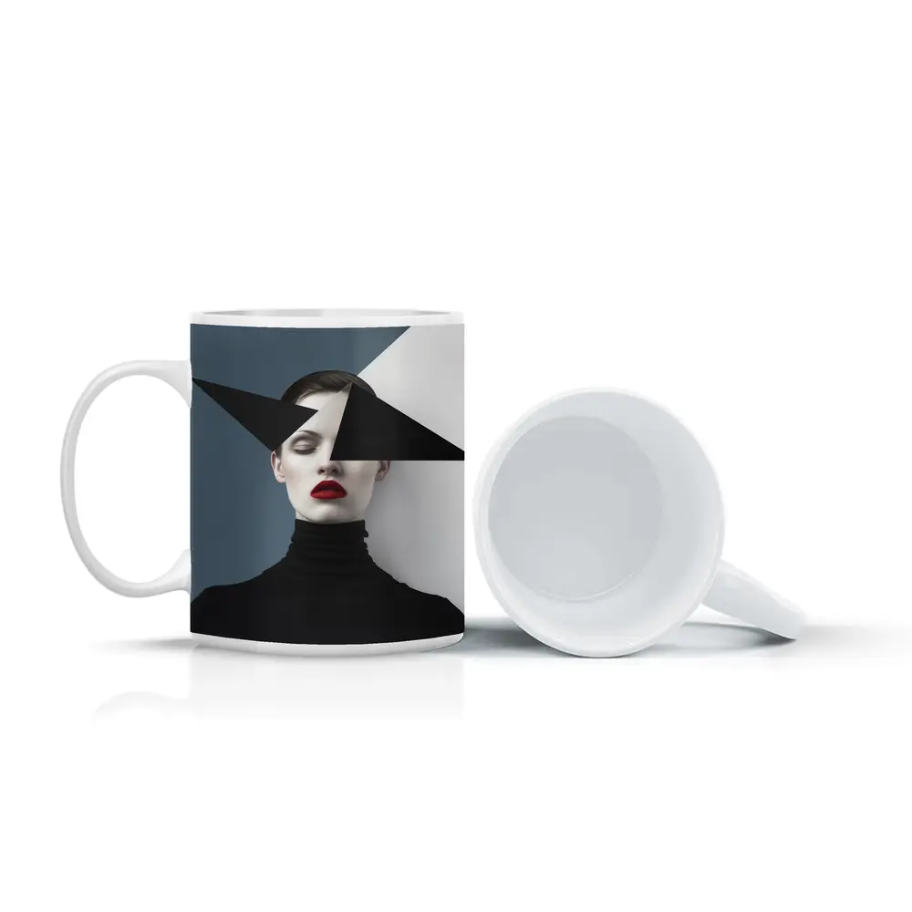 Geometric Black White Fashion Portrait Red Lips – Mugs
