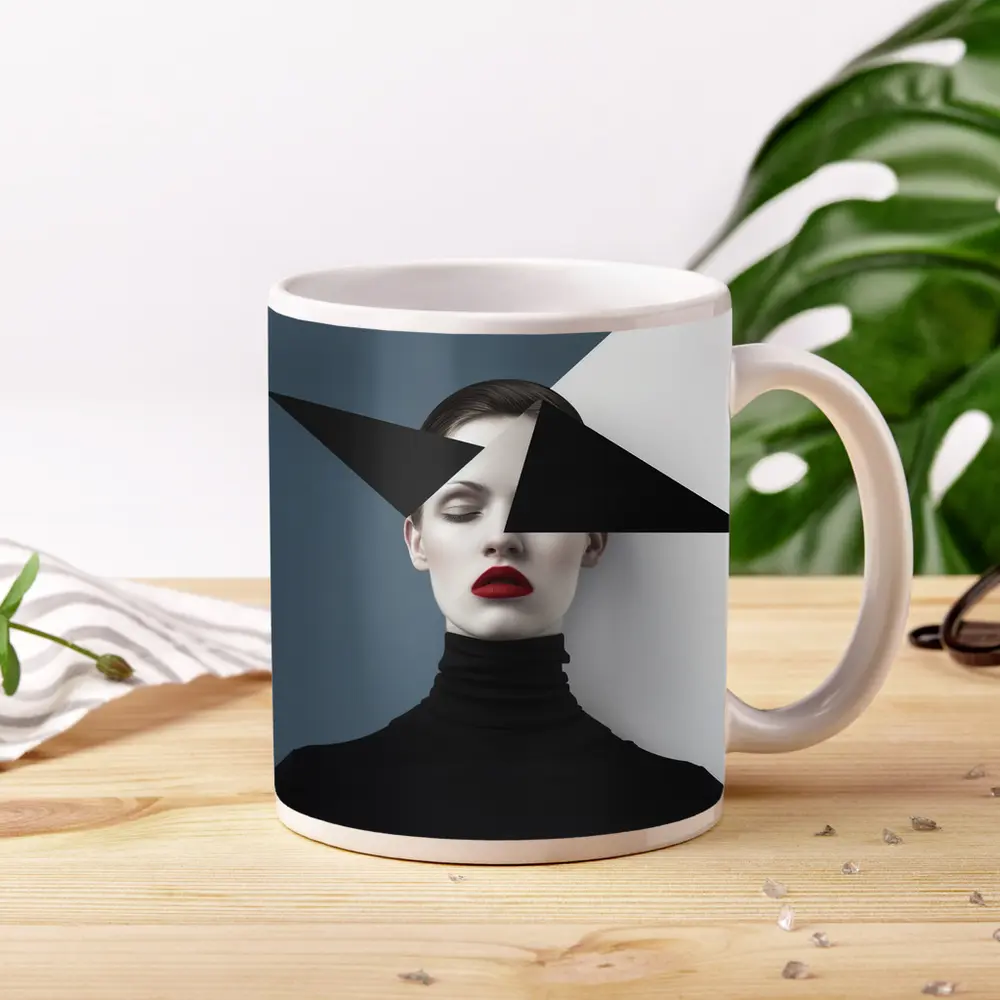 Geometric Black White Fashion Portrait Red Lips – Mugs