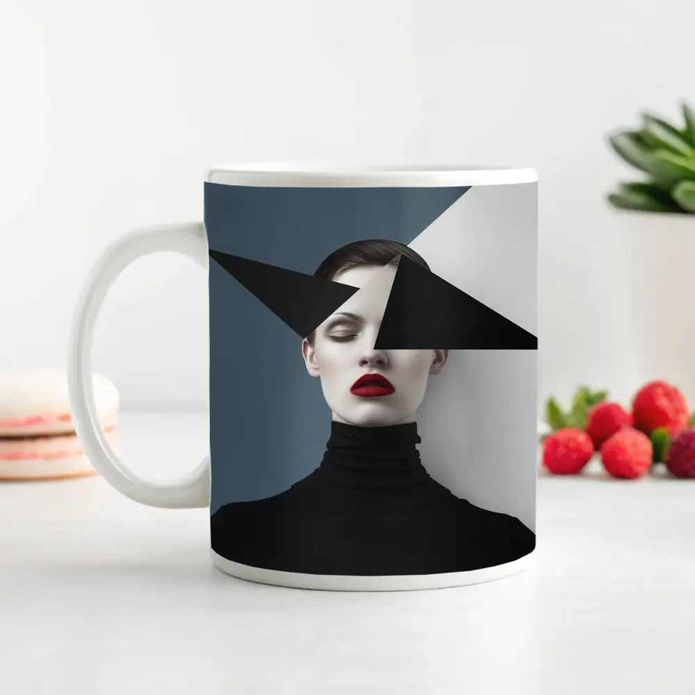 Geometric Black White Fashion Portrait Red Lips – Mugs
