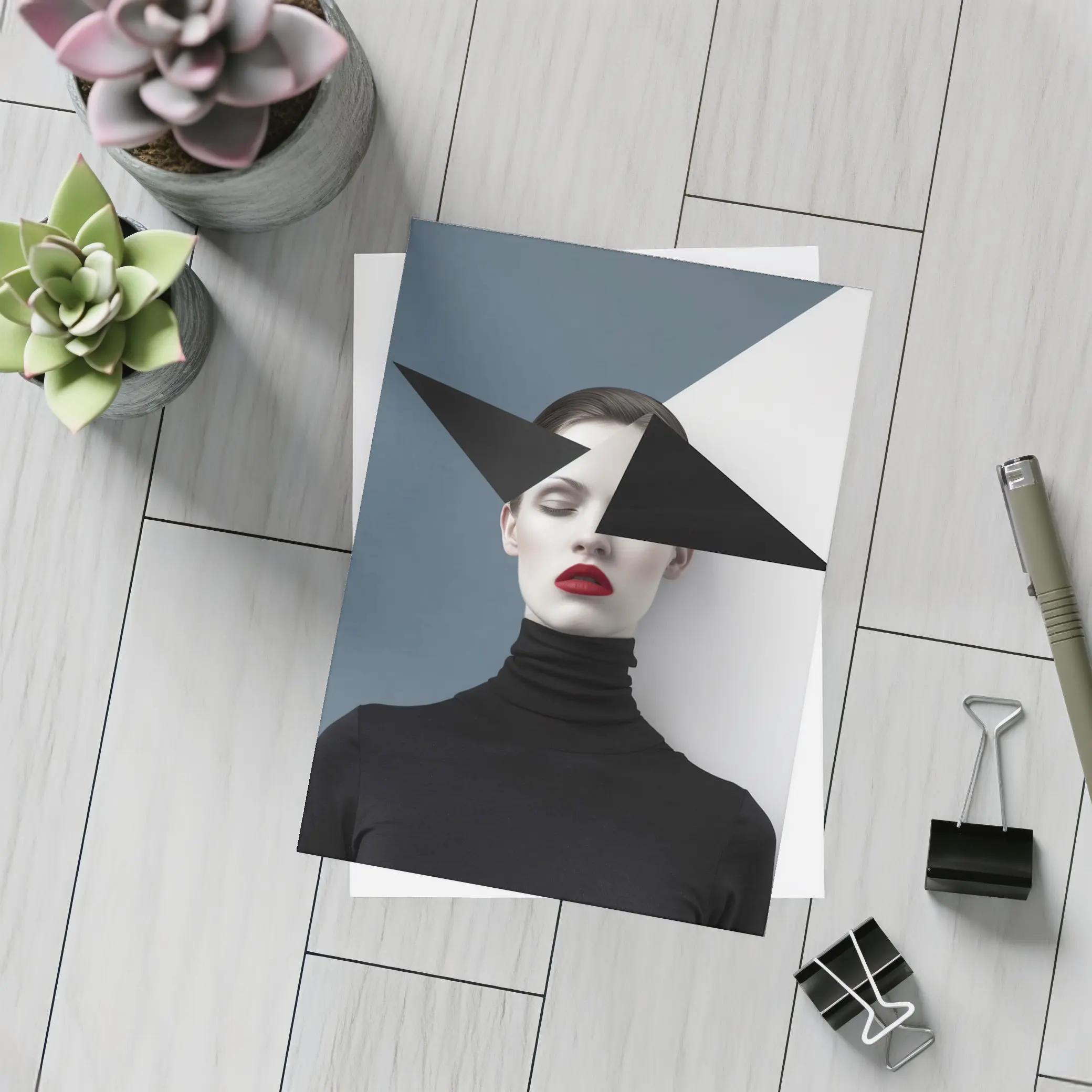 Geometric Black White Fashion Portrait Red Lips – Postcards
