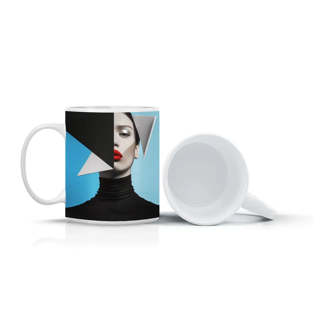 Geometric Fashion Portrait Woman Blue Background – Mugs