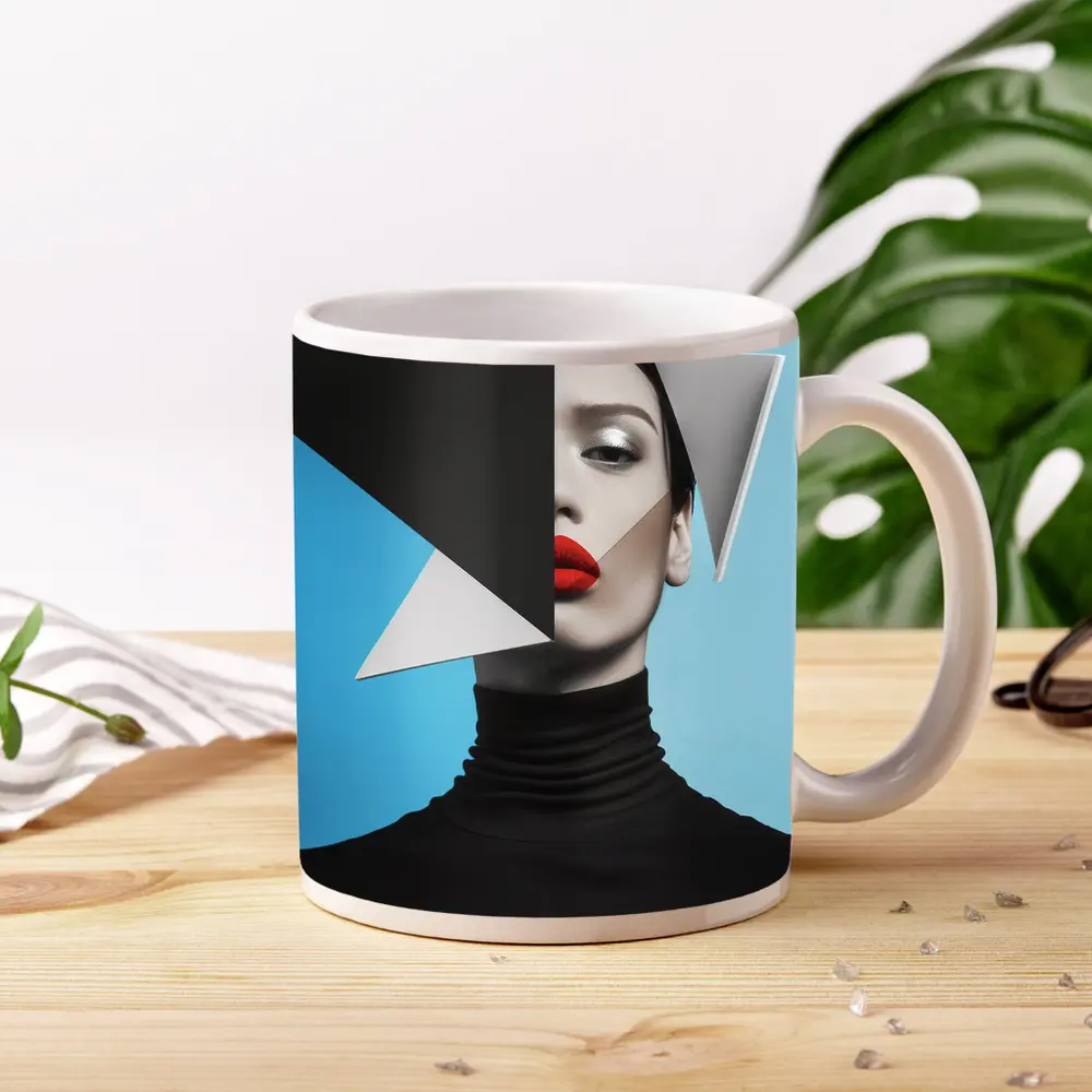 Geometric Fashion Portrait Woman Blue Background – Mugs
