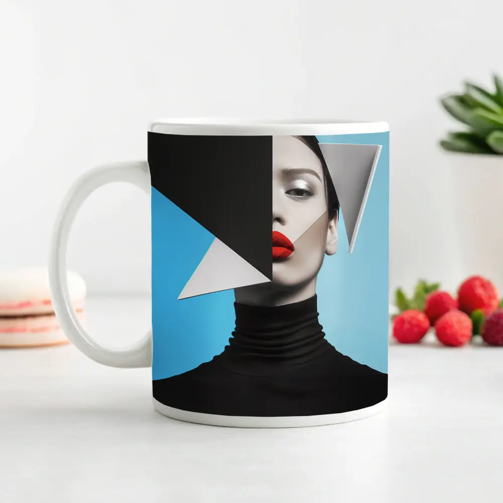 Geometric Fashion Portrait Woman Blue Background – Mugs