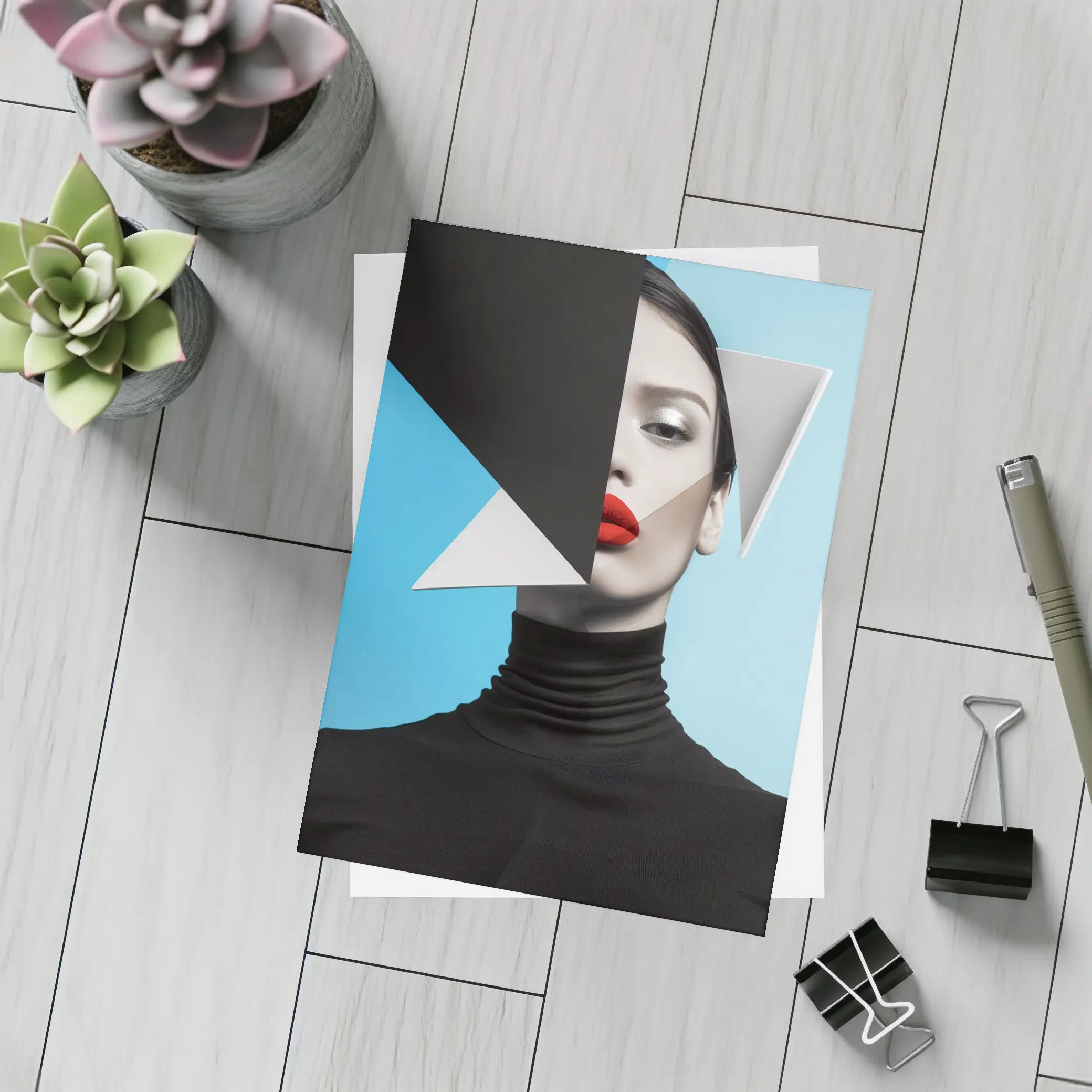 Geometric Fashion Portrait Woman Blue Background – Postcards