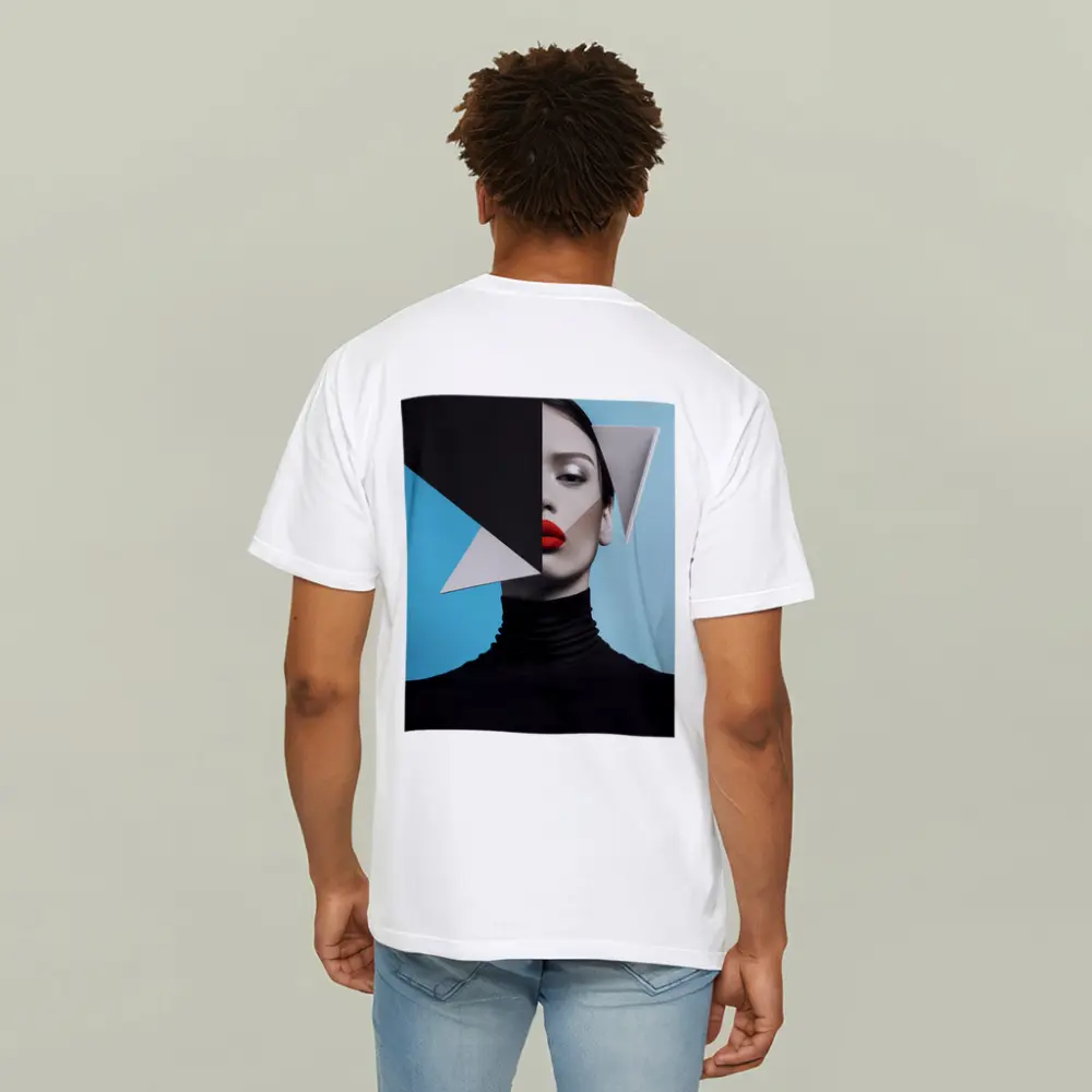 Geometric Fashion Portrait Woman Blue Background – T-Shirts