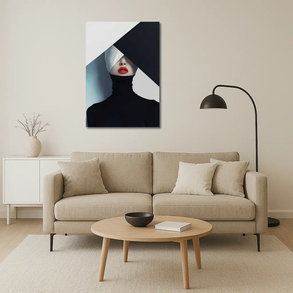 Woman Red Lips Black Turtleneck Geometric Background – Wall Art