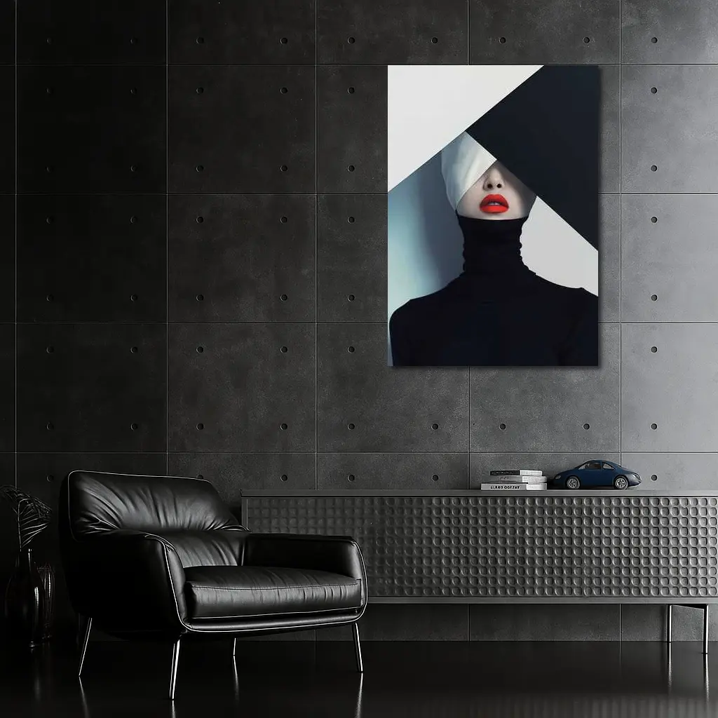 Woman Red Lips Black Turtleneck Geometric Background – Wall Art