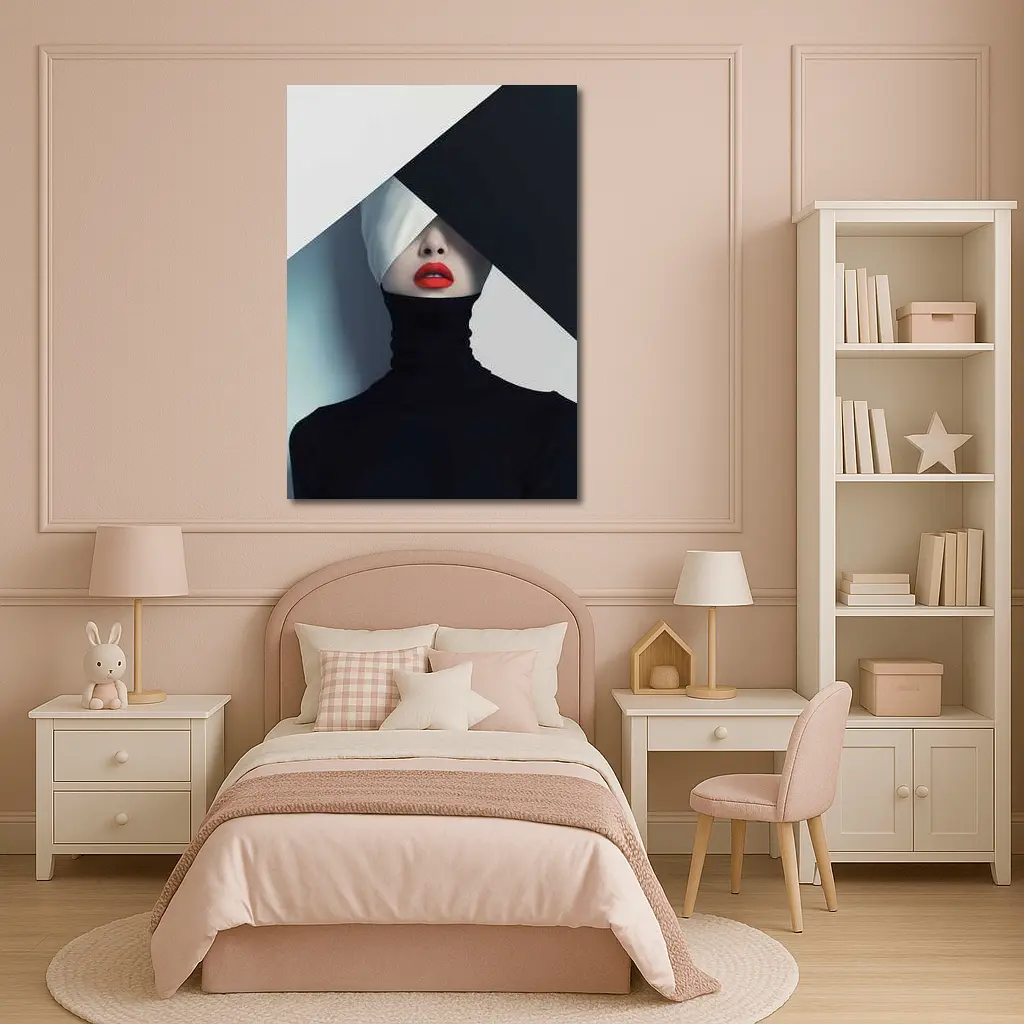 Woman Red Lips Black Turtleneck Geometric Background – Wall Art