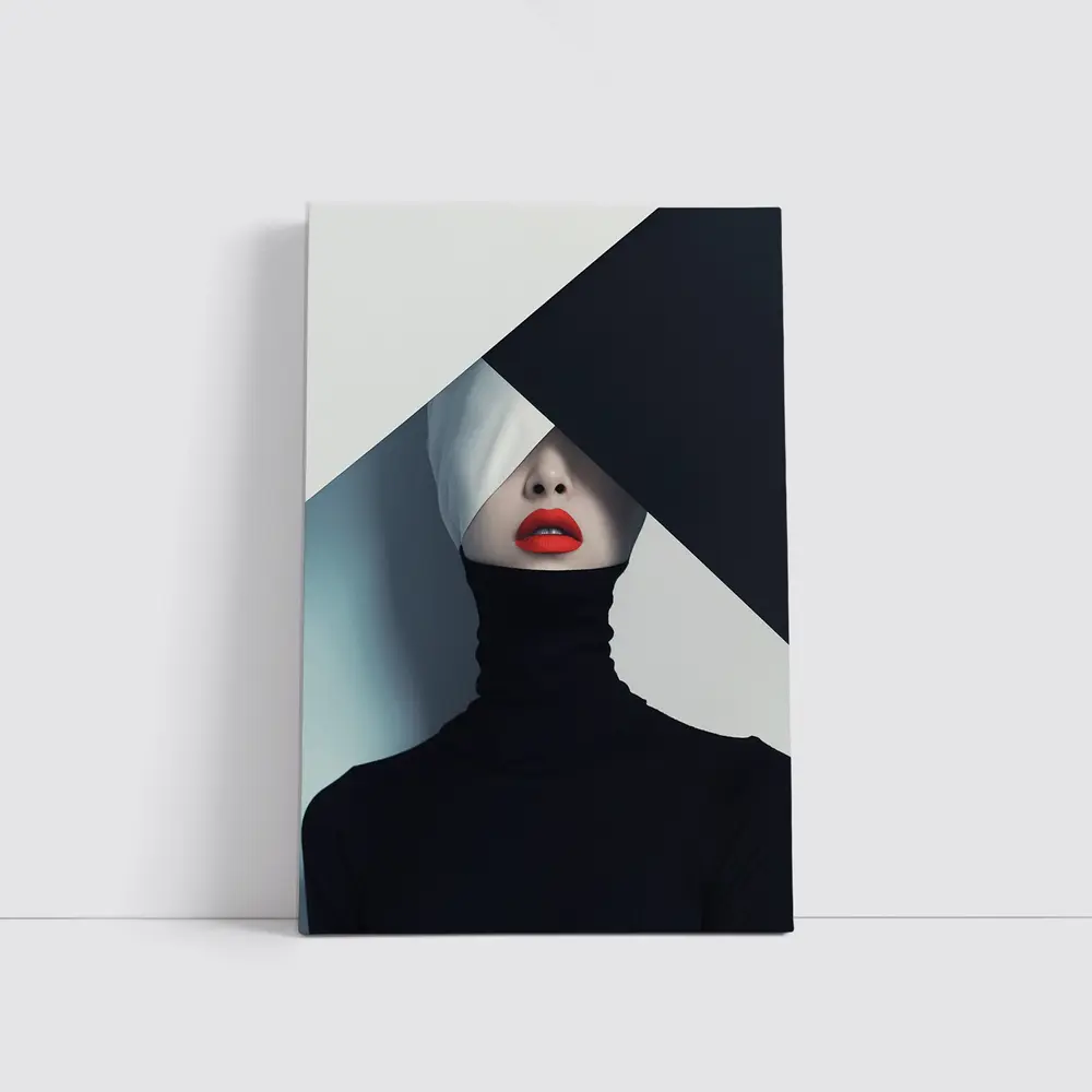 Woman Red Lips Black Turtleneck Geometric Background – Wall Art