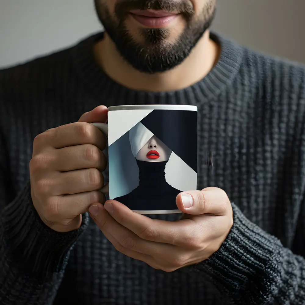 Woman Red Lips Black Turtleneck Geometric Background – Mugs