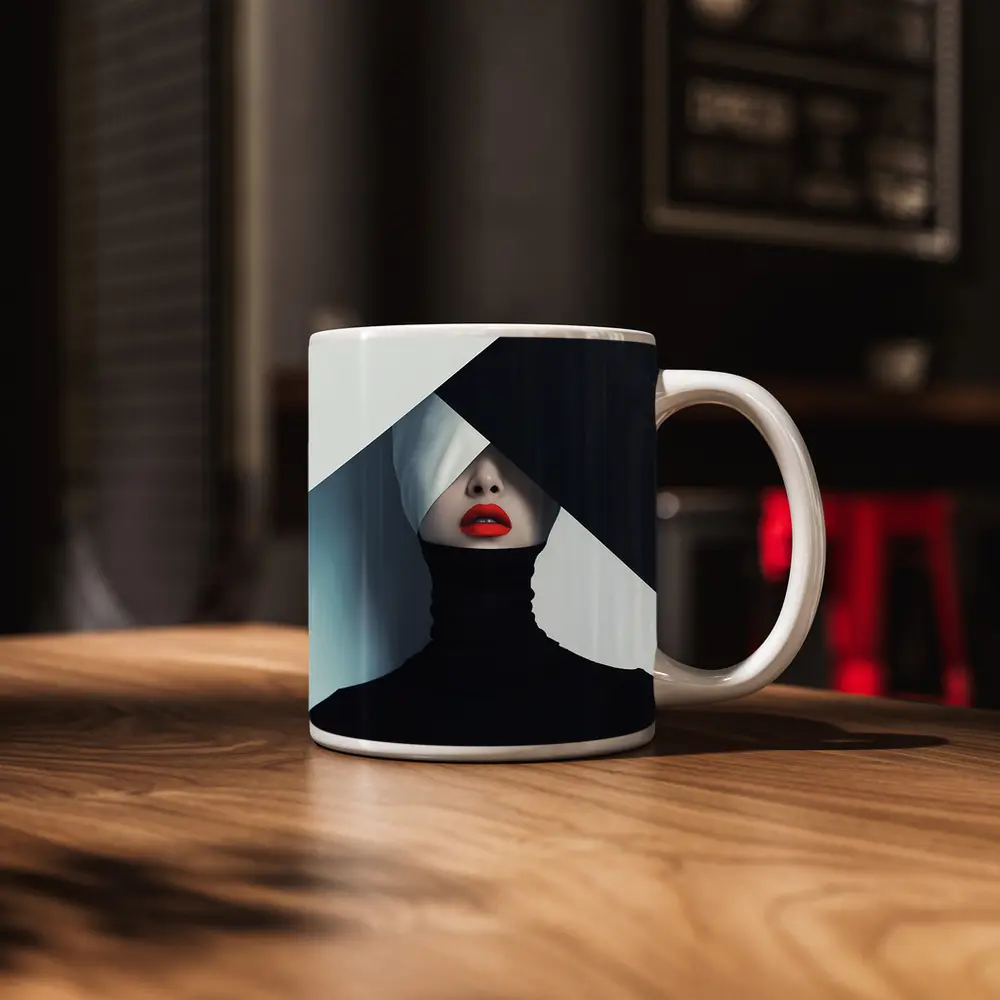 Woman Red Lips Black Turtleneck Geometric Background – Mugs