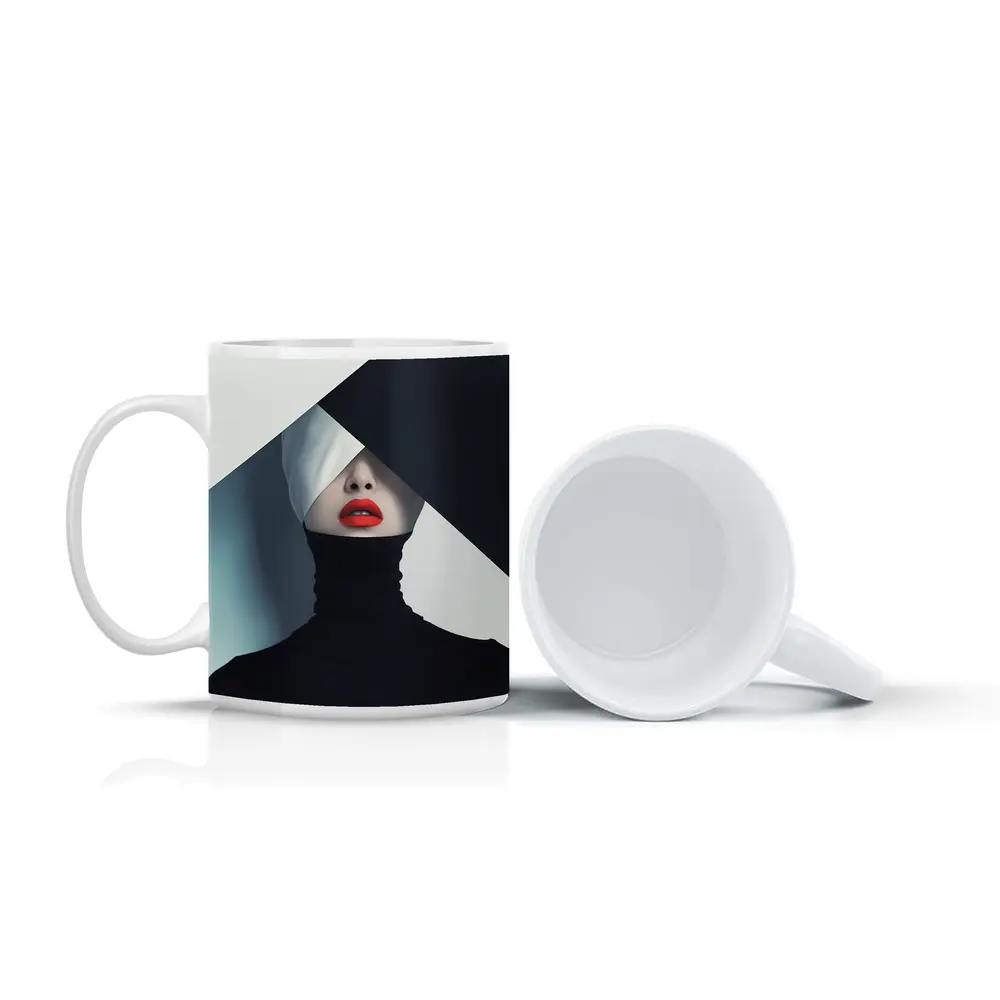 Woman Red Lips Black Turtleneck Geometric Background – Mugs