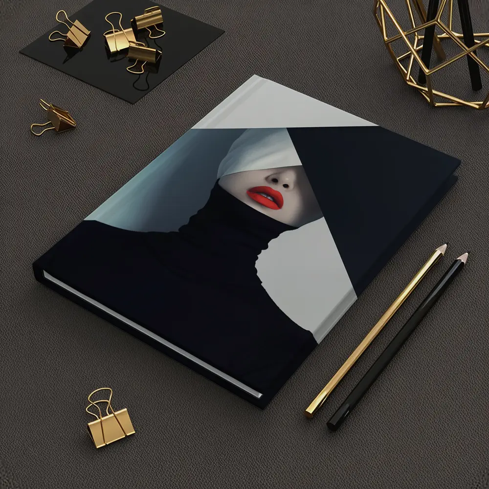 Woman Red Lips Black Turtleneck Geometric Background – Notebooks